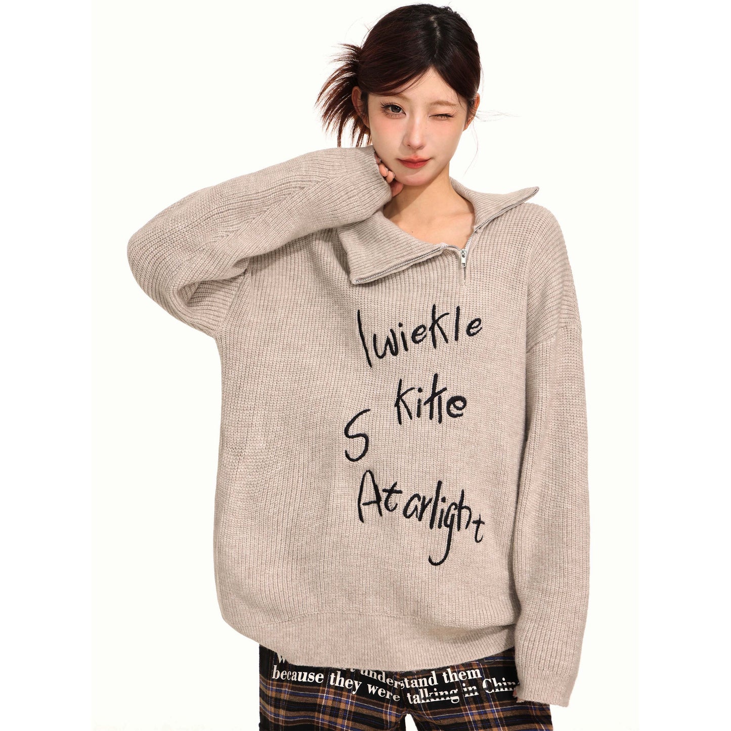 Retro Turndown Collar Half-zip Sweater