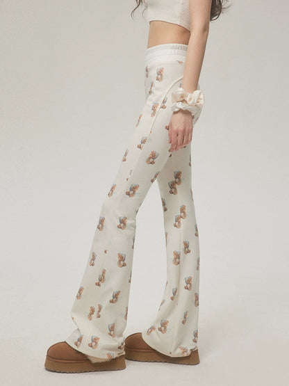 Bear Print Pants With Subtle Flare Leg