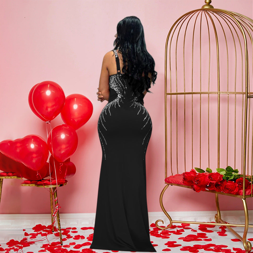 V Neck Brace Maxi Dress Slim Fit Rhinestone Sheath Dress