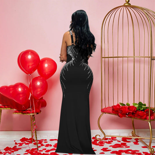V Neck Brace Maxi Dress Slim Fit Rhinestone Sheath Dress