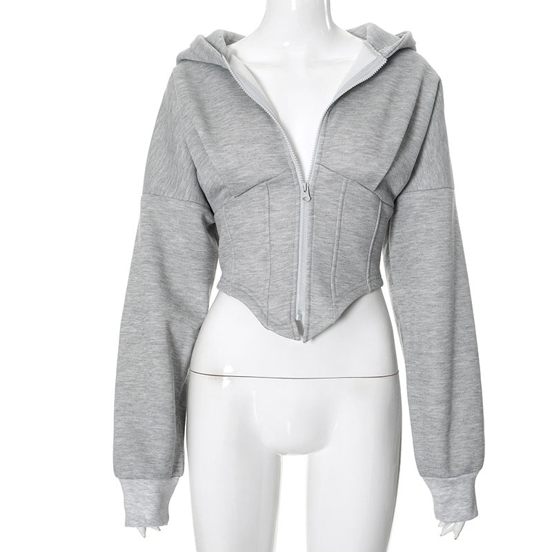 Autumn Winter Zipper Long Sleeve Hooded Cardigan Cropped Coat Top