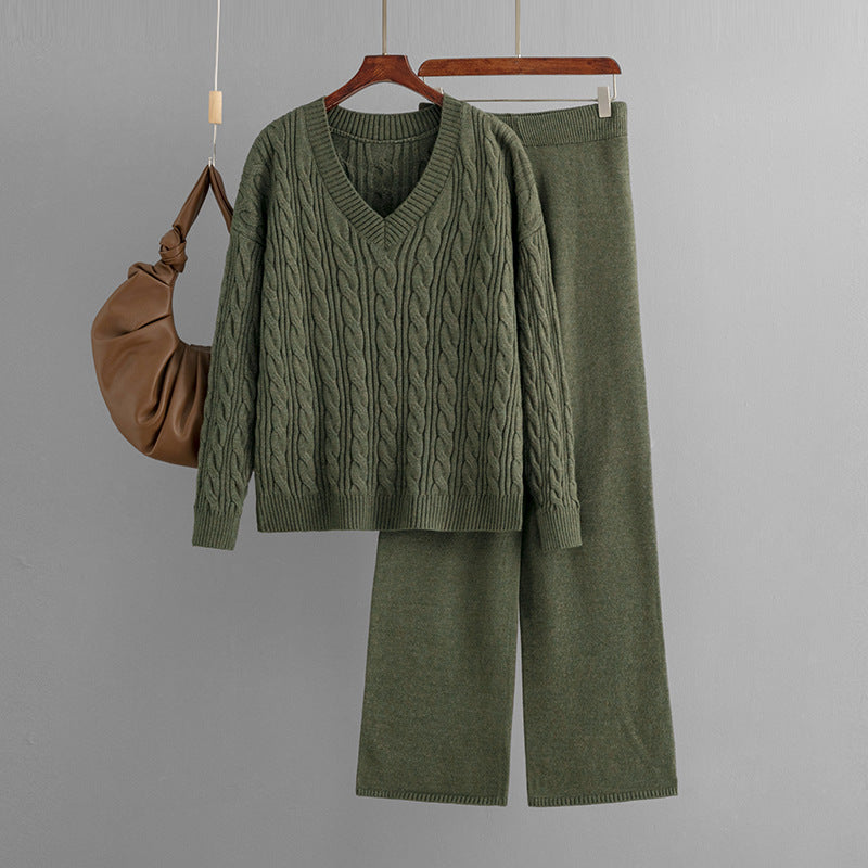 Fashionable Wide Leg Pants Sweaters Clothing Autumn Winter Two Piece Suit Twist V Neck Knitting Suit