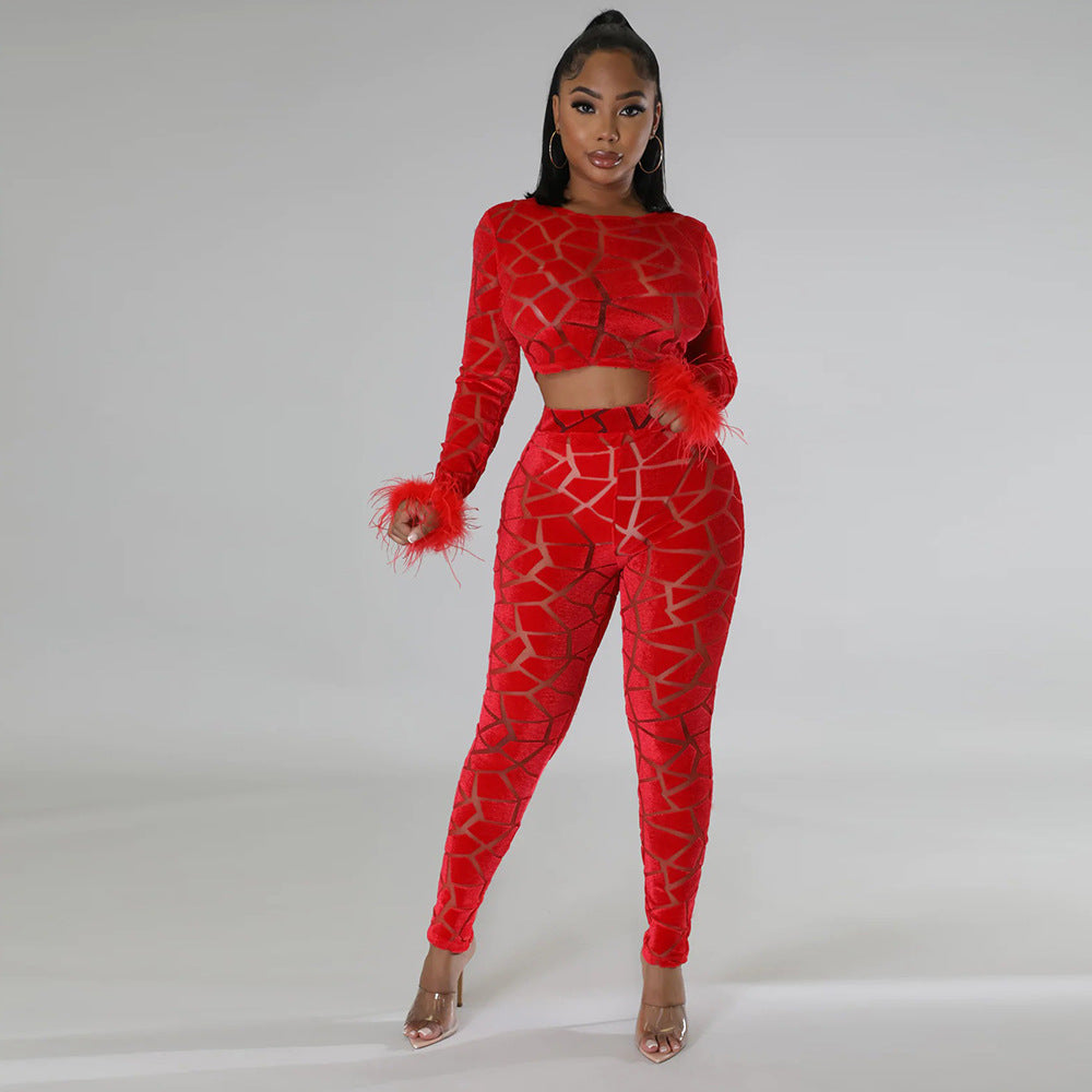 Long Sleeve Short Top Match Slim Fit Pencil Pants Two Piece Set