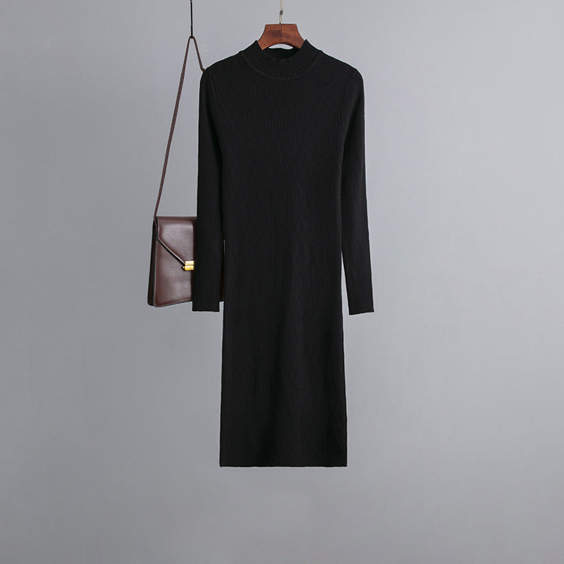 Sheath Half High Collar Inner Match Knitted Dress Fall Winter Outer Wear Thin Over the Knee Mid Length Sweater