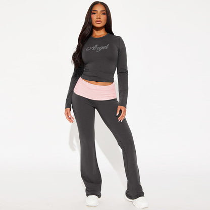 Clothing Autumn Contrast Color Round Neck Long Sleeve Bell Bottom Pants Two Piece Set Rhinestone Suit