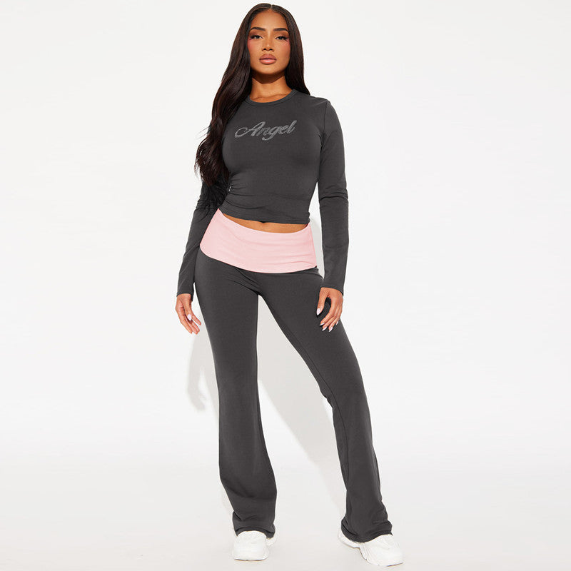 Clothing Autumn Contrast Color Round Neck Long Sleeve Bell Bottom Pants Two Piece Set Rhinestone Suit
