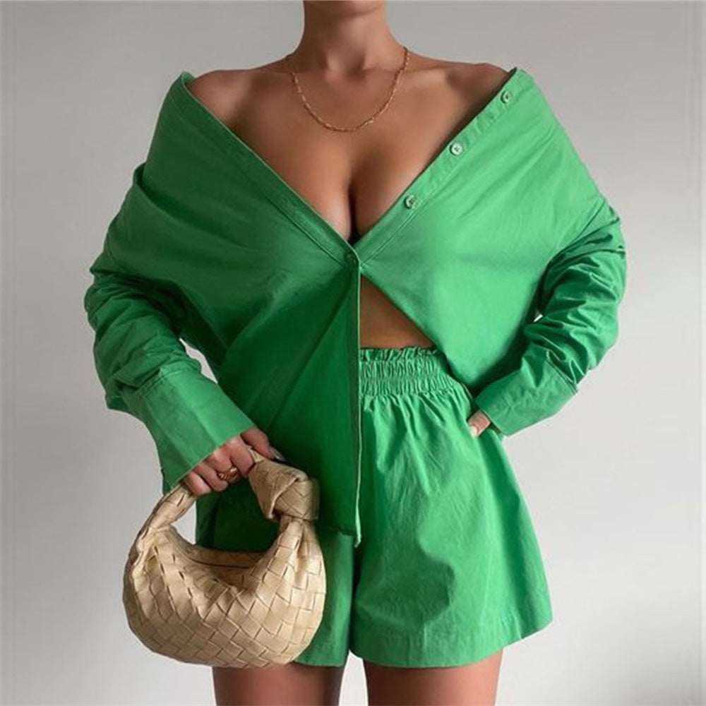 Spring Summer Two Piece Set Color Single Breasted Long Sleeve Collared Shirt Shorts Loose Set