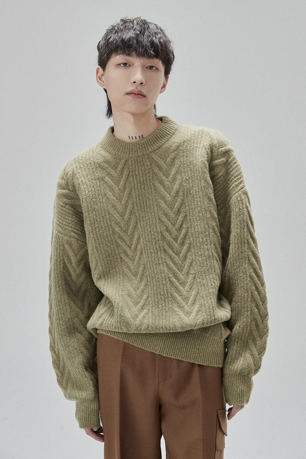 Cream Cable Knit Sweater With Chevron Pattern
