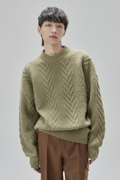 Cream Cable Knit Sweater With Chevron Pattern