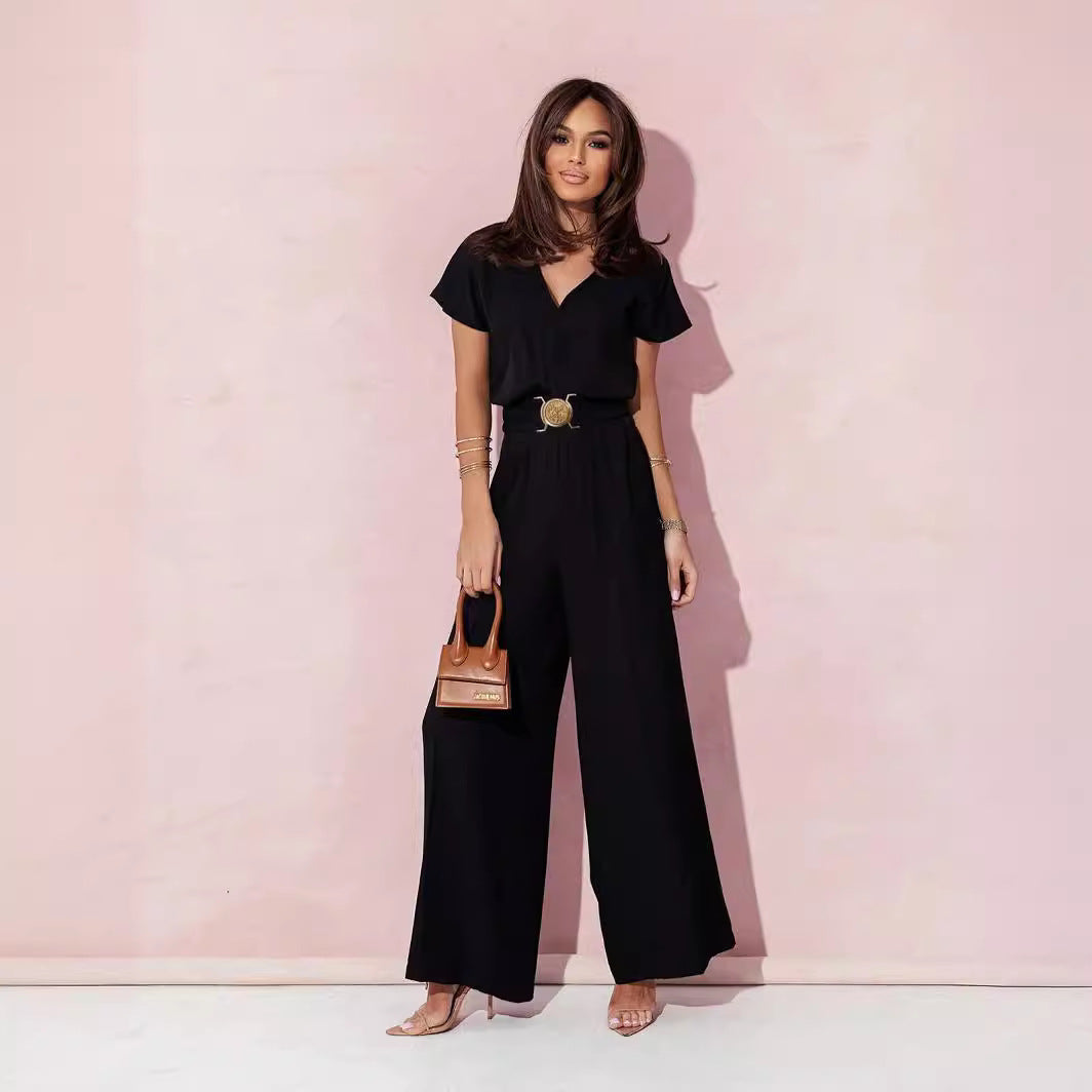 Clothing Color V Neck Tight Waist Short Sleeve Trousers Jumpsuit