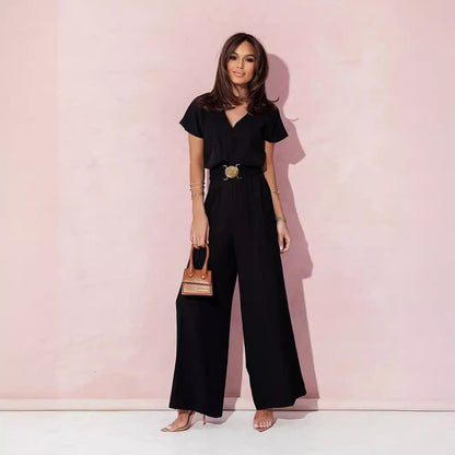Clothing Color V Neck Tight Waist Short Sleeve Trousers Jumpsuit