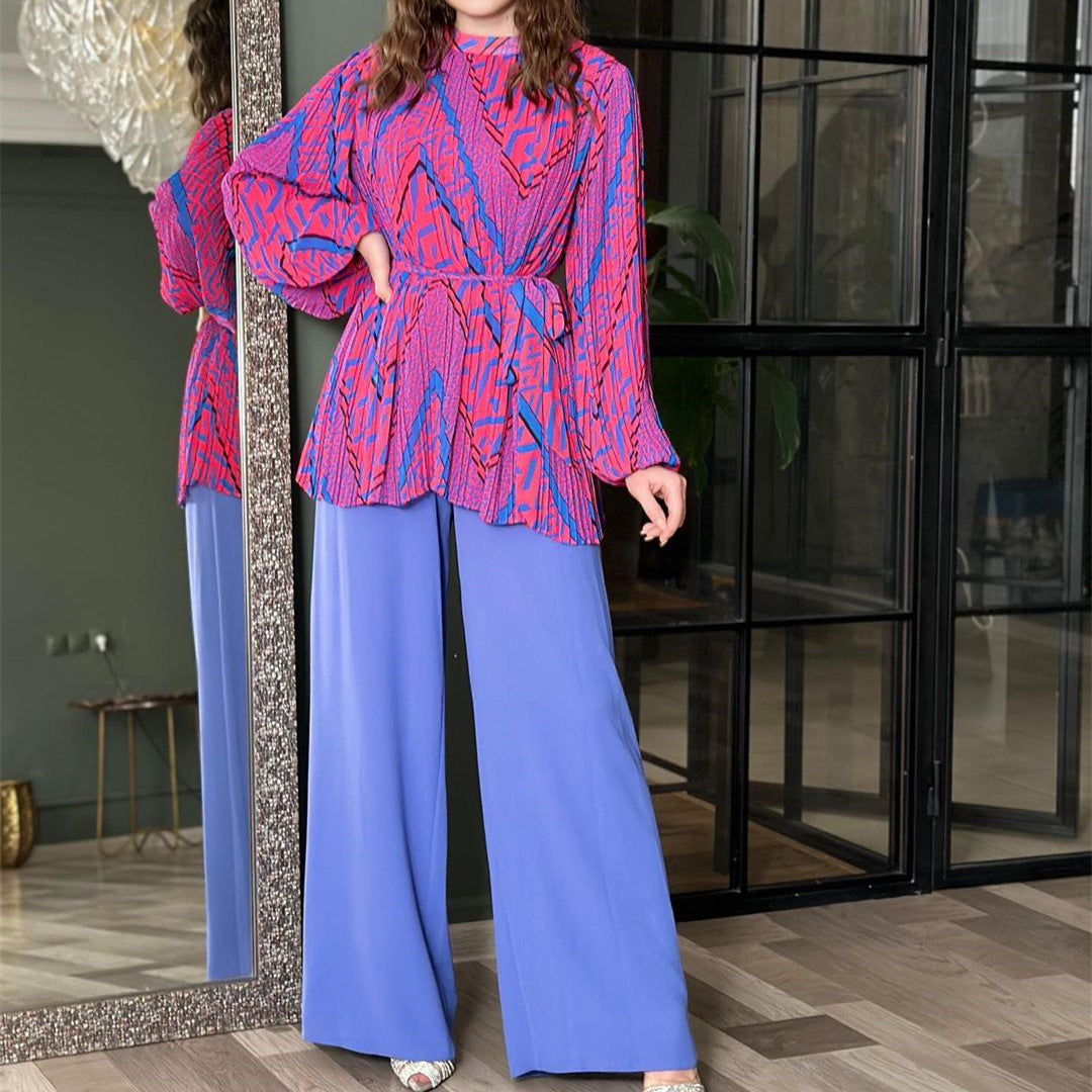 Clothing Autumn Pleated Graceful Puff Sleeve Shirt High Waist Wide Leg Pants Set