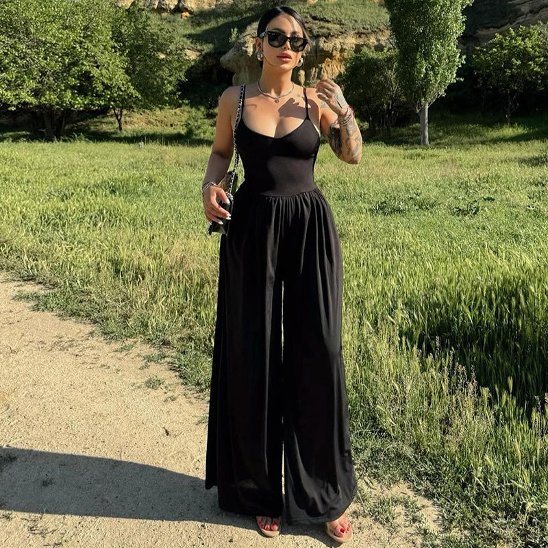 Summer Backless Spaghetti Straps Loose Jumpsuit