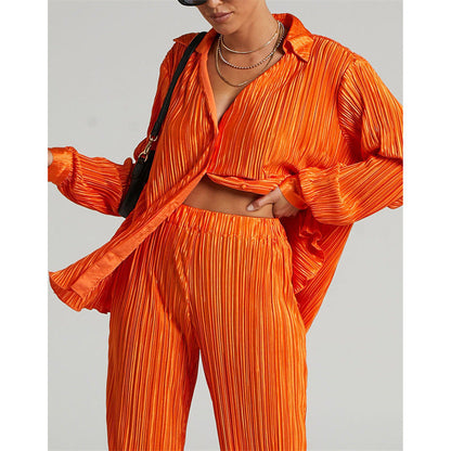 Summer Suit Clothing Pleated Long Sleeve V Neck Shirt Pants Two Piece Set