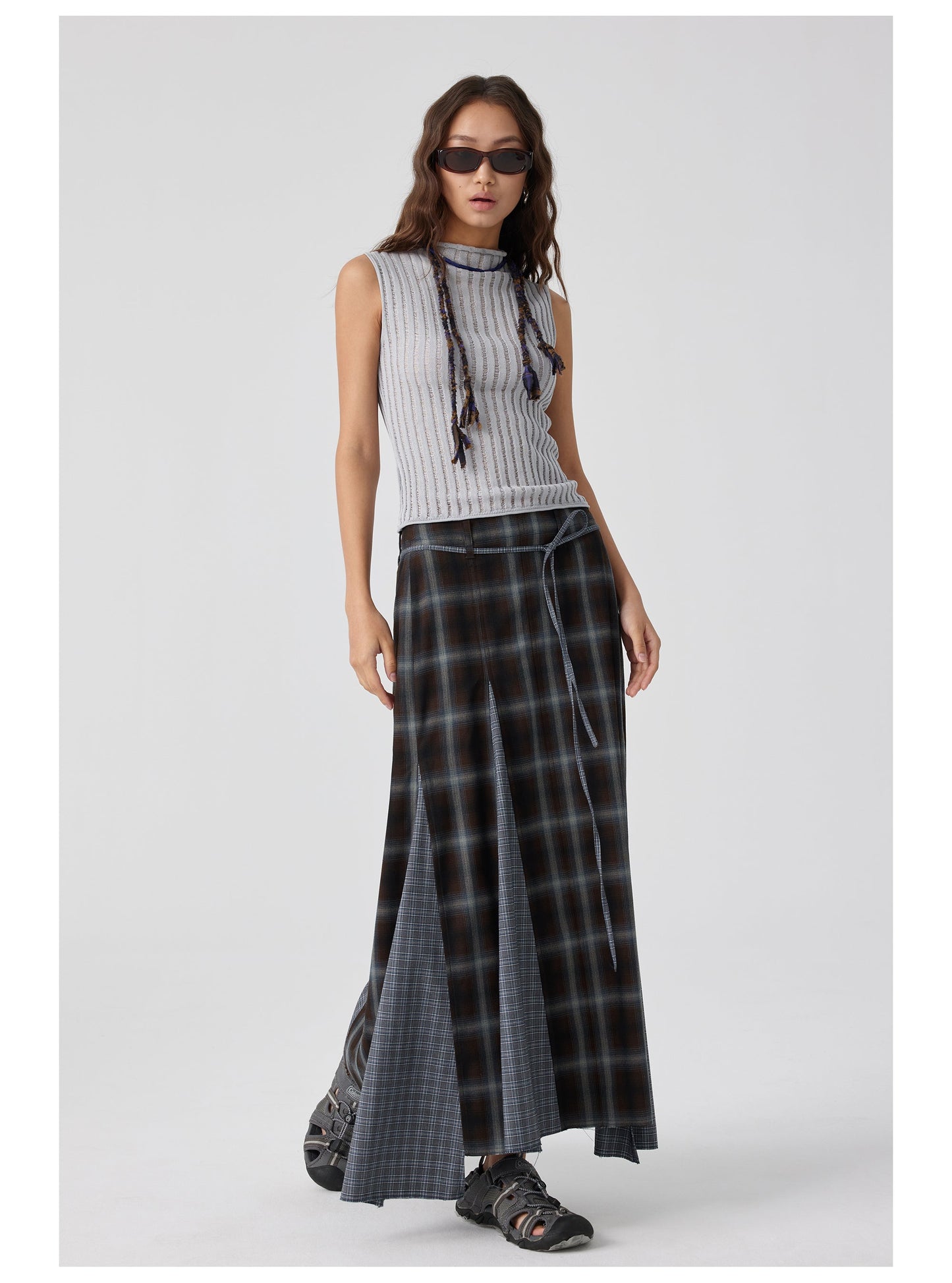 Plaid Asymmetric Panel Mermaid Long Skirt