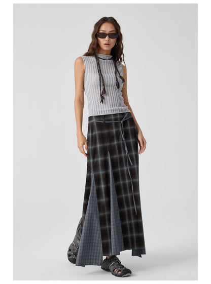 Plaid Asymmetric Panel Mermaid Long Skirt