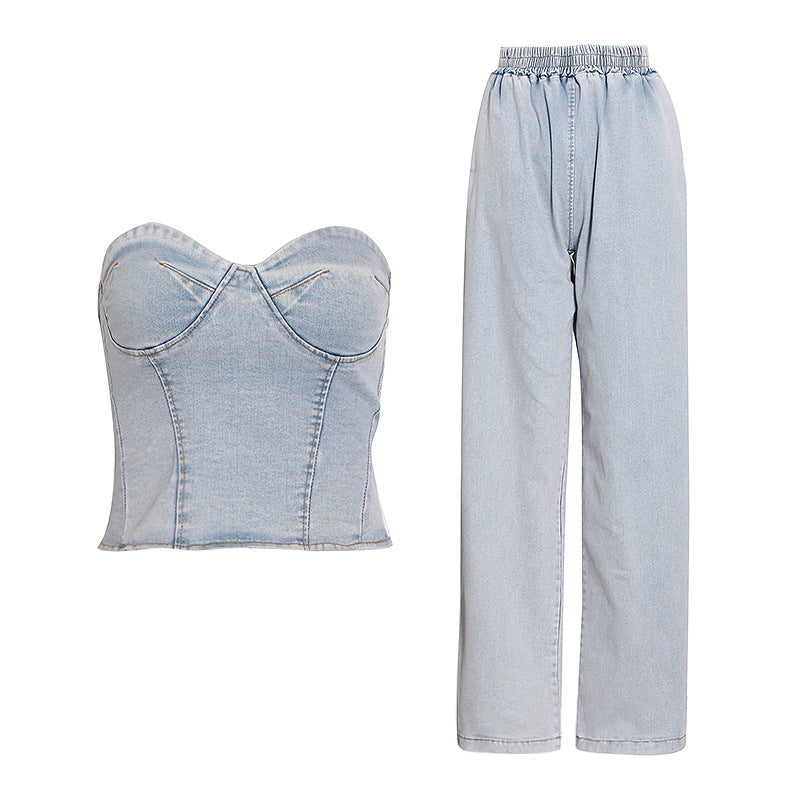 Pants Set Summer Tube Top Washed Blue Vest High Waist Long Wide Leg Jeans