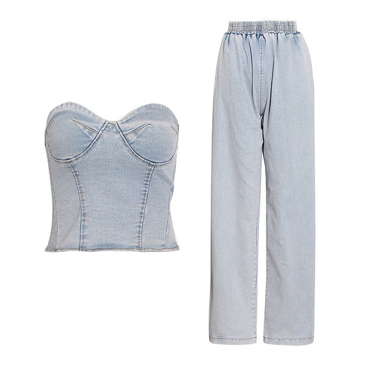 Pants Set Summer Tube Top Washed Blue Vest High Waist Long Wide Leg Jeans