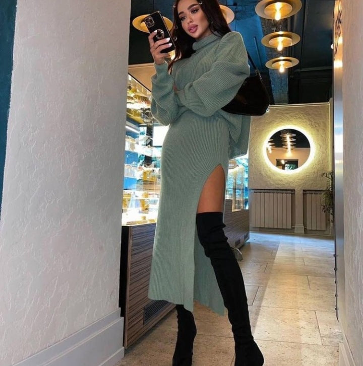 Turtleneck Loose Pullover Top Split Long Skirt Two-piece Set Winter