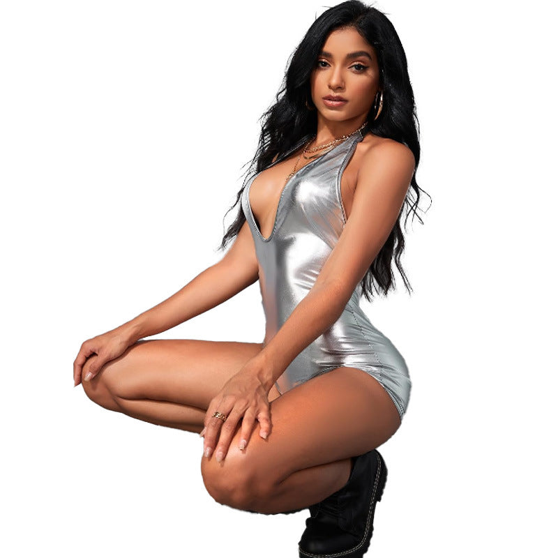 Nightclub Clothing Metallic Coated Fabric High Waist Tight Jumpsuit Backless Deep V Plunge Lace Up