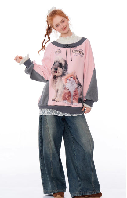 Cat and Dog Print Two-tone Sweatshirt