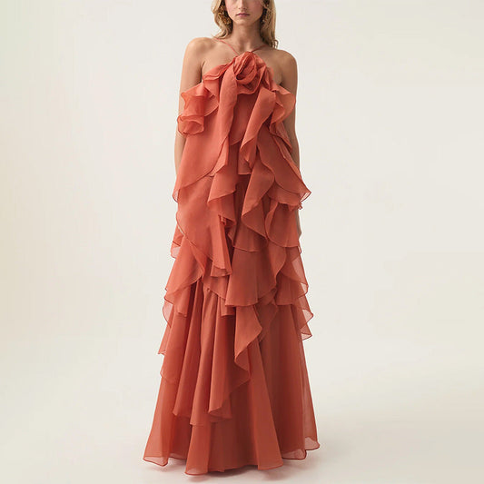 Lady Patchwork Ruffled Maxi Dress Early Spring Halter Backless Design Maxi Dress