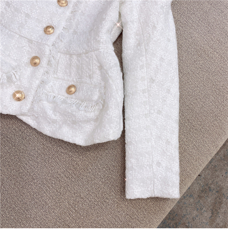 Autumn Winter Chanel-style White Shiner Tweed Coat Jacket Shorts Suit Two-piece Set