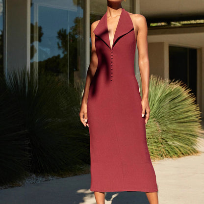 Clothing Backless V Neck Midi Dress Skinny Sheath Split Halter Dress