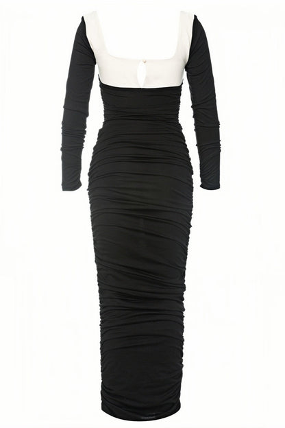 Lolic Long Sleeve Square Collar Ruched Hem Knit Maxi Dress
