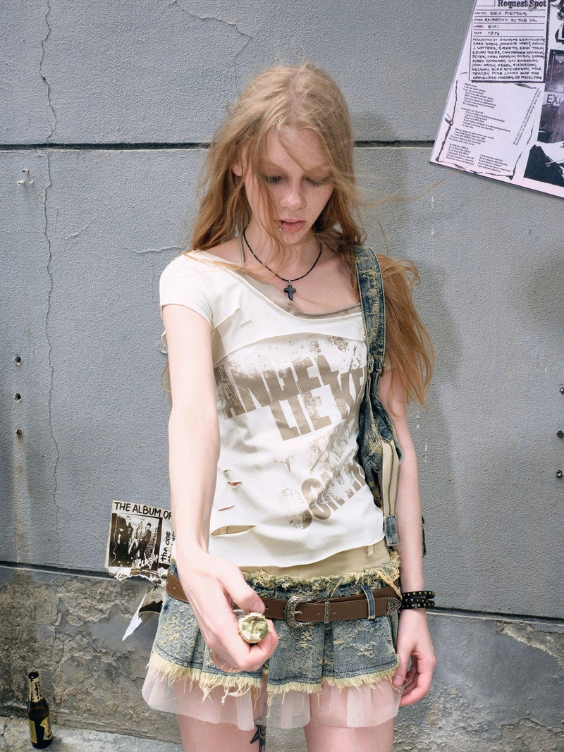 Cest Nous Distressed Graphic Off-shoulder Top - Tie-back T-shirt With Asymmetric Hem