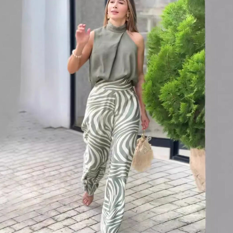 Summer Sleeveless Halter Top Zebra Print Wide Leg Pants Two Piece Set Clothing