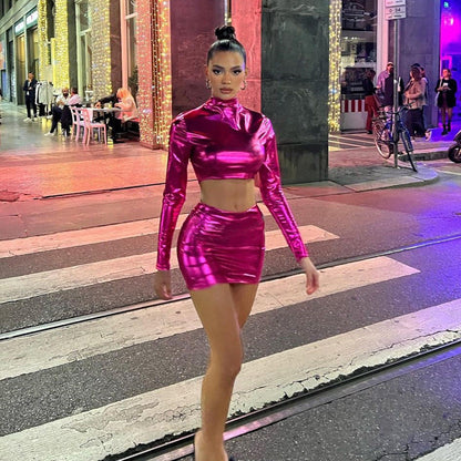 Metallic Coated Fabric Clothing Glossy Bare Cropped Slim Fit Hip Skirt Set