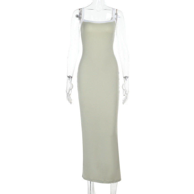 Sling Contrast Color Knitted Backless Dress Slim Fit Maxi Dress