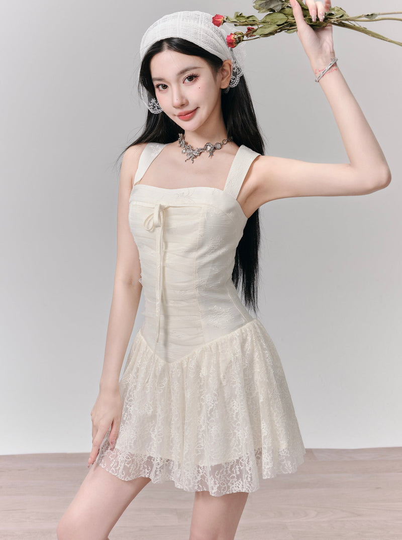 Romantic White Lace Halter Mini Dress With Front Tie