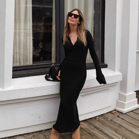 Clothing Long Sleeve Dress Knitted Deep V Plunge Sweater Maxi Dress