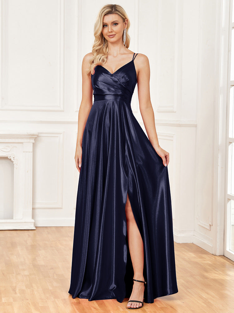 Sling Silk Dress Backless Blue Maxi Dress Bridesmaid Evening Dress