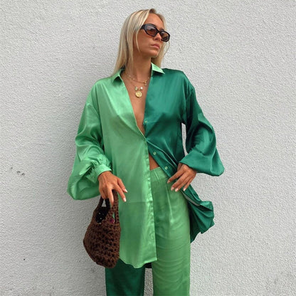 Spring Summer Satin Two Piece Set Colorblock Clothing Oversized Shirt Straight Pants Set