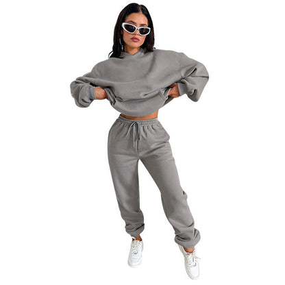 Autumn Winter Color Long Sleeve Hooded Fleece Lined Sweater Trousers Sets