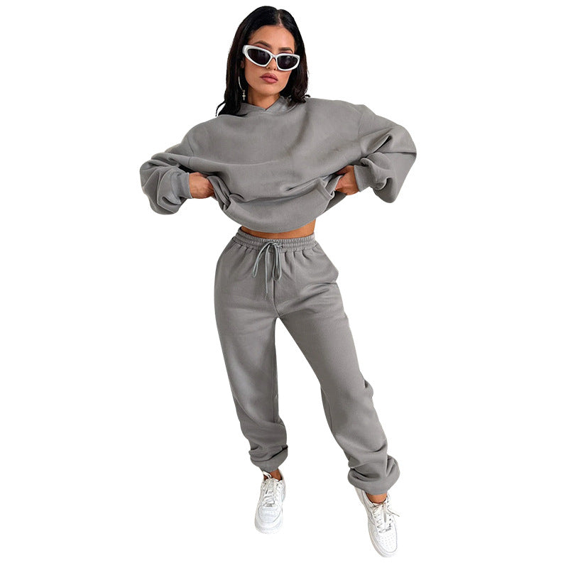 Autumn Winter Color Long Sleeve Hooded Fleece Lined Sweater Trousers Sets