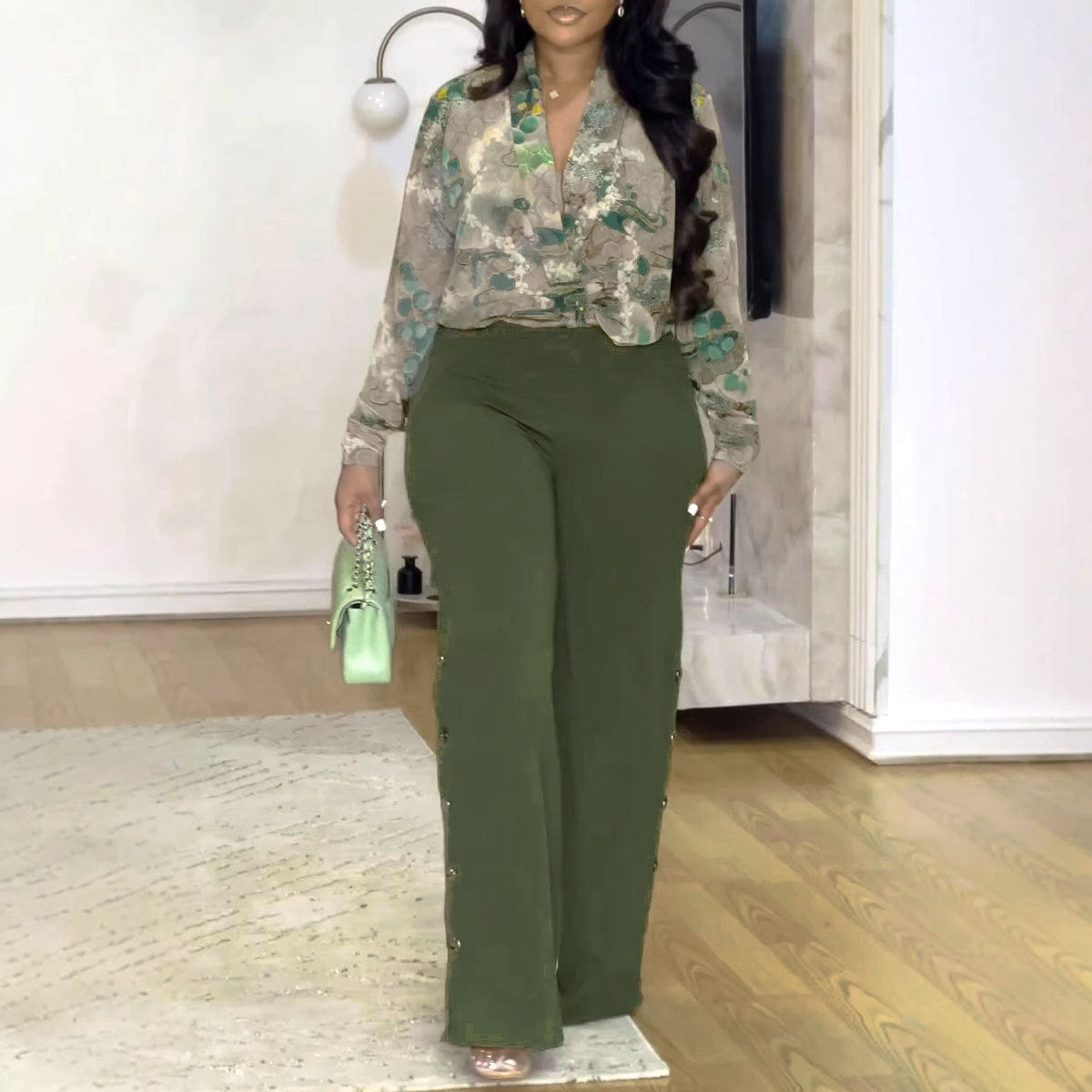 Printed V Neck Shirt Wide Leg Pants Two Piece Set