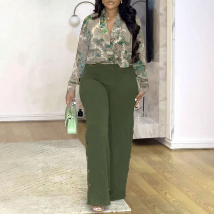 Printed V Neck Shirt Wide Leg Pants Two Piece Set