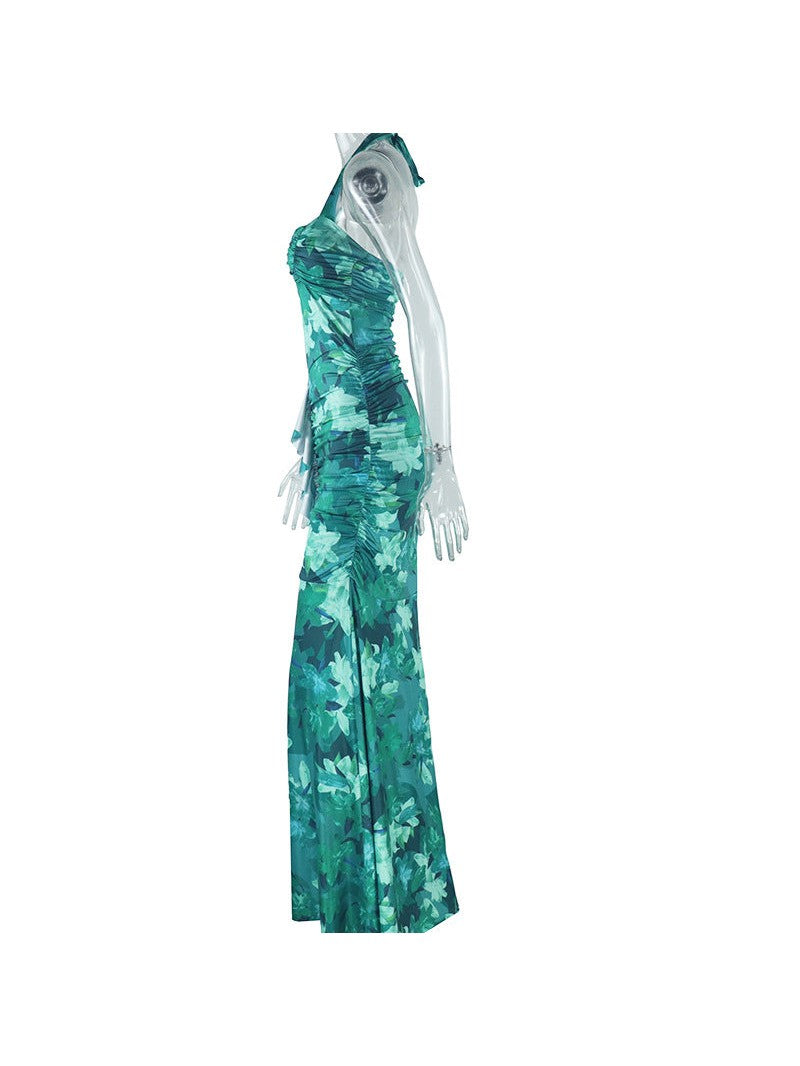 Print Halterneck Ruched Ruffle Slit Maxi Dress