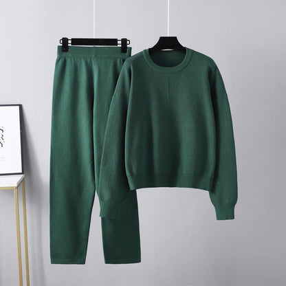 Autumn Winter Loose Sweater Two Piece Set Color Knitting Suit