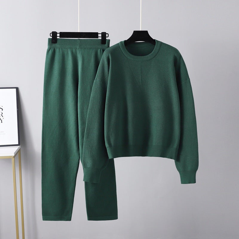 Autumn Winter Loose Sweater Two Piece Set Color Knitting Suit