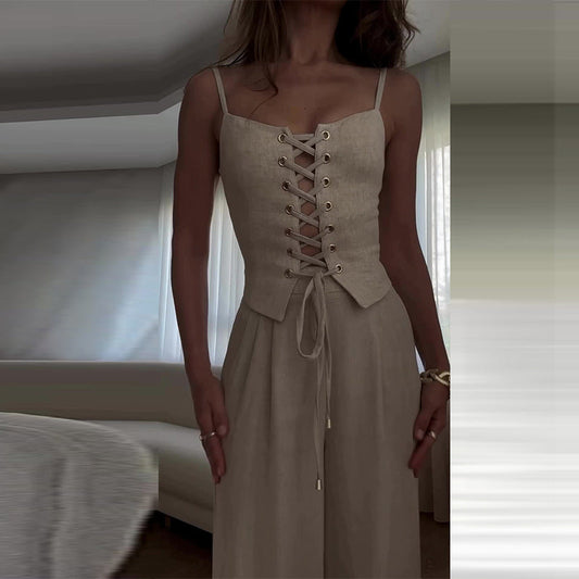 Summer Cutout Tied Top Wide Leg Pants Suit