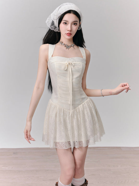 Romantic White Lace Halter Mini Dress With Front Tie