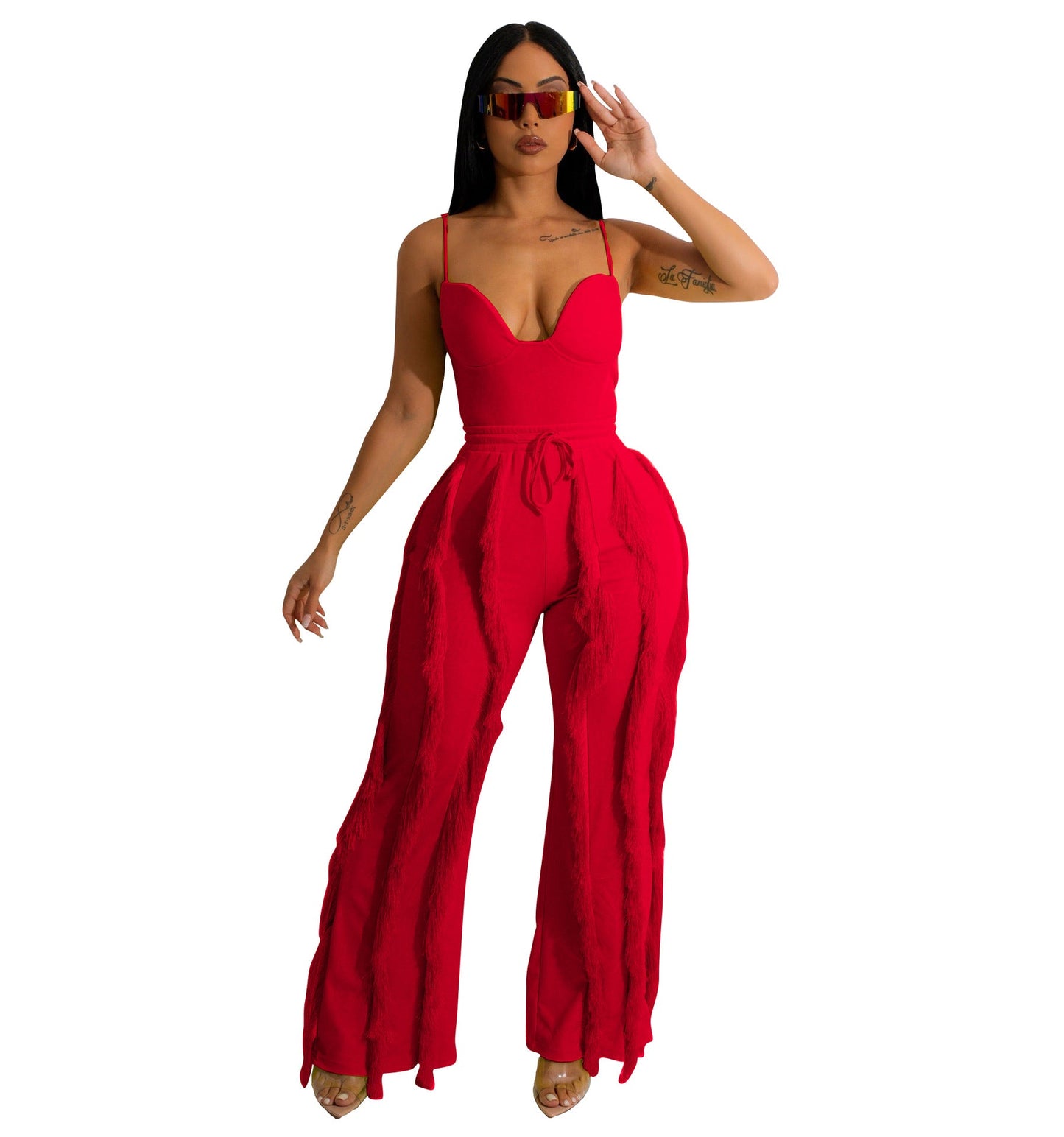 Clothing Suit Tassel Lace Sling Jumpsuit Two Piece Set Straight Leg Pants Summer