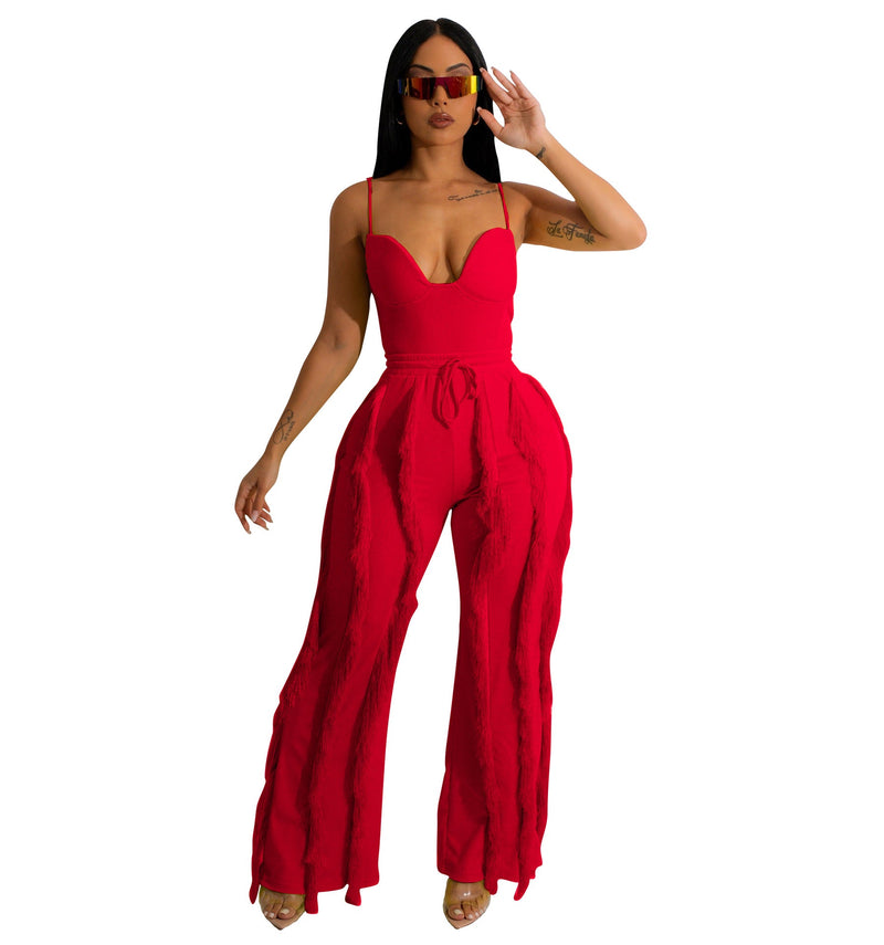 Clothing Suit Tassel Lace Sling Jumpsuit Two Piece Set Straight Leg Pants Summer