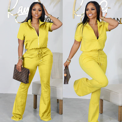 Clothing Spring Summer Short Sleeve Zipper Top Suit Pants Two Piece Suit