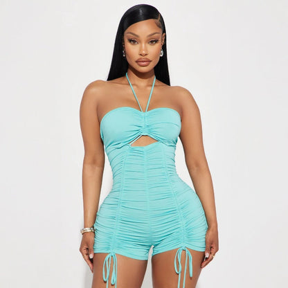 Summer Hollow Out Cutout Out Tied Halter Drawstring Shorts Jumpsuit Clothing